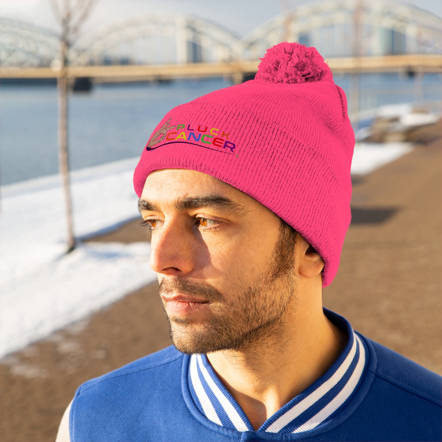 Pom Pom Beanie Hat-"PLUCK CANCER!"