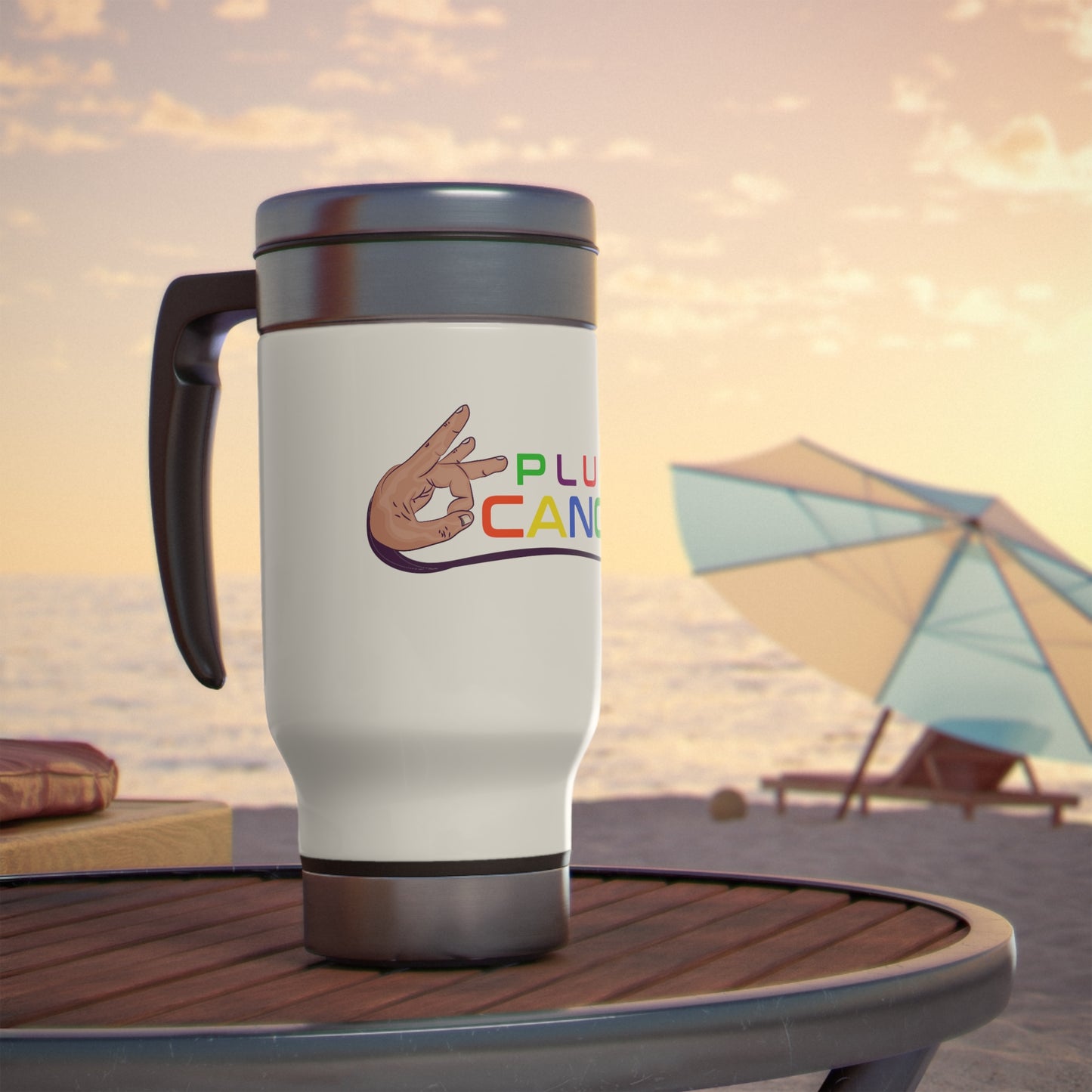 Stainless Steel Travel Mug with Handle, 14oz-"PLUCK CANCER!"