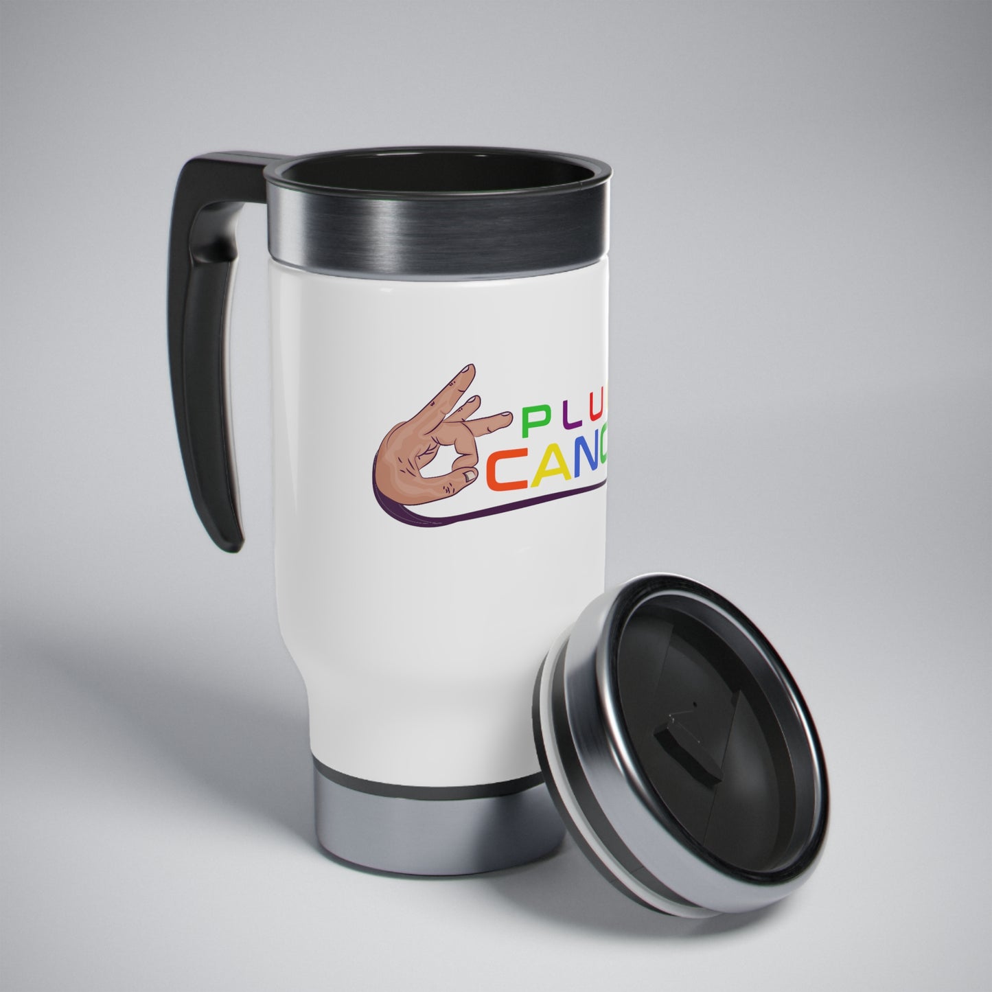 Stainless Steel Travel Mug with Handle, 14oz-"PLUCK CANCER!"