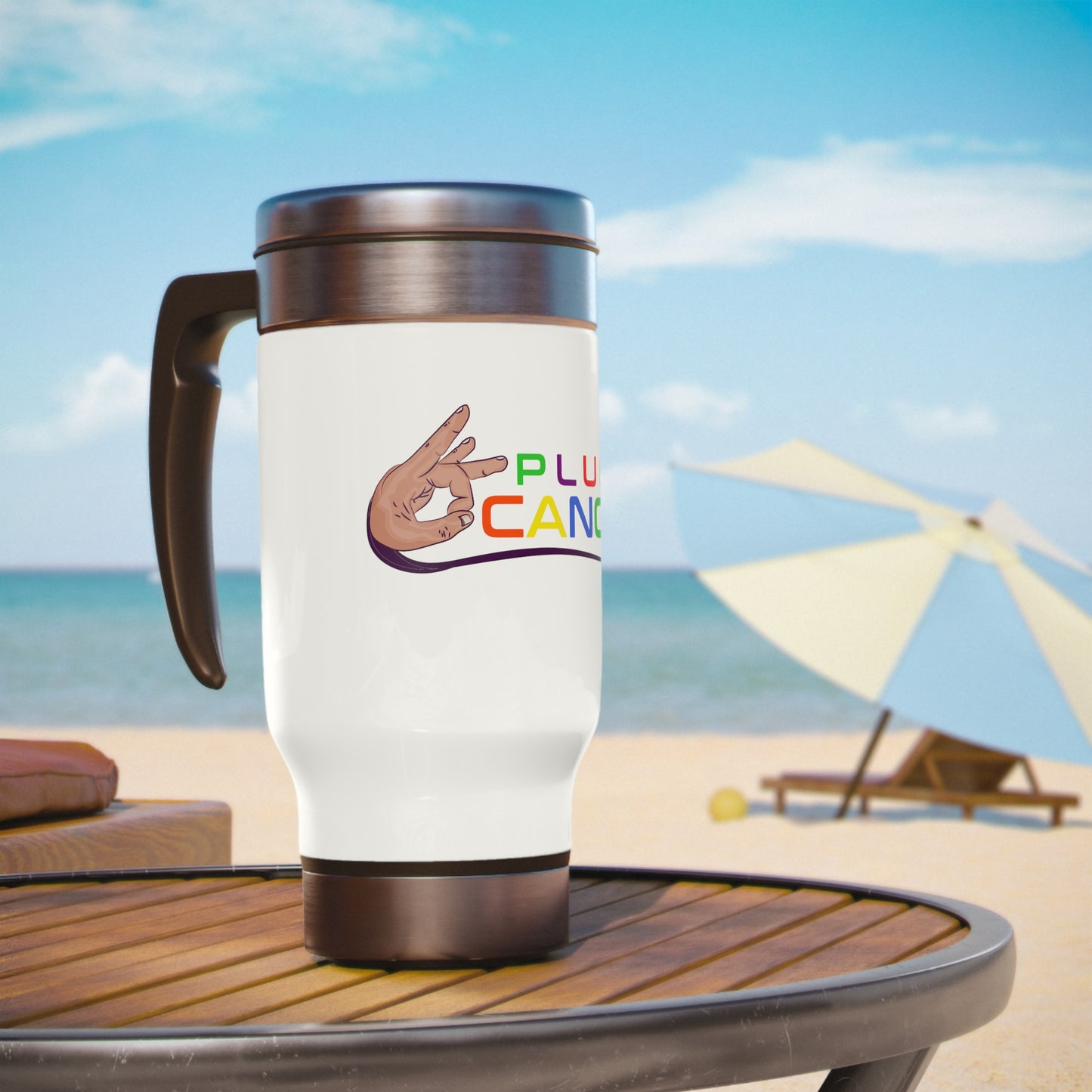 Stainless Steel Travel Mug with Handle, 14oz-"PLUCK CANCER!"