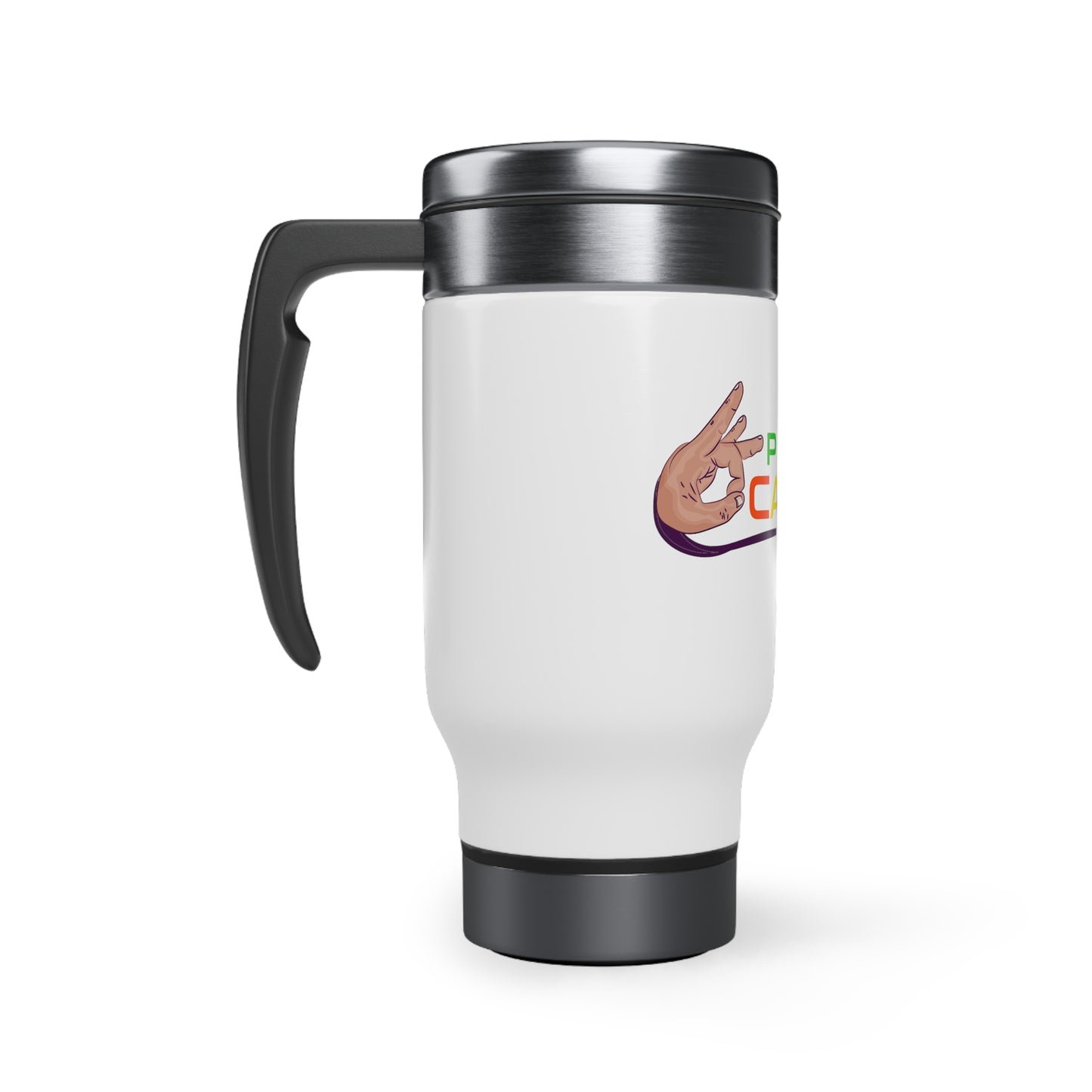 Stainless Steel Travel Mug with Handle, 14oz-"PLUCK CANCER!"