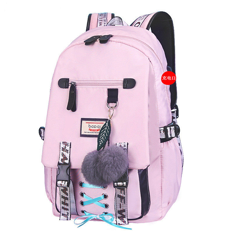 Female Student Backpack with Cell Phone Charger for Junior High School of High School.