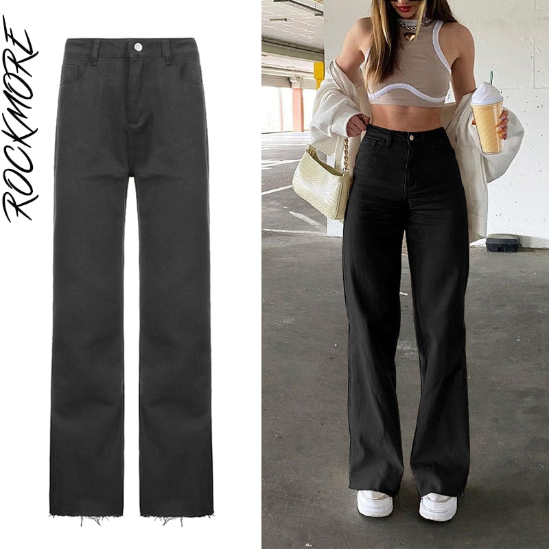 Rockmore Brown Vintage Baggy Jeans Women 90s Streetwear Pockets Wide Leg Cargo Pants Low Waist Straight Denim Trousers 2021