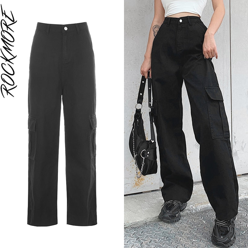 Rockmore Brown Vintage Baggy Jeans Women 90s Streetwear Pockets Wide Leg Cargo Pants Low Waist Straight Denim Trousers 2021