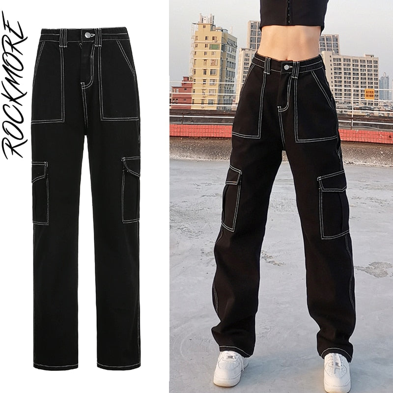 Rockmore Brown Vintage Baggy Jeans Women 90s Streetwear Pockets Wide Leg Cargo Pants Low Waist Straight Denim Trousers 2021