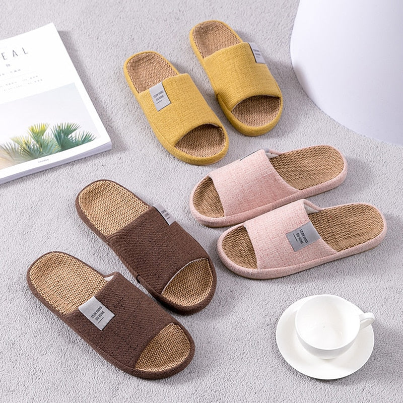 Breathable Flax Slippers Women Men Indoor Mute Slipper Anti-slip Lovers House Floor Shoes Soft  Ladies Summer Home Slides