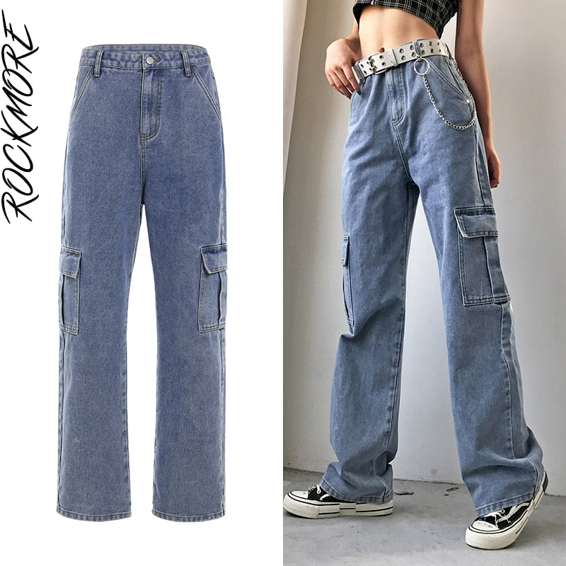 Rockmore Brown Vintage Baggy Jeans Women 90s Streetwear Pockets Wide Leg Cargo Pants Low Waist Straight Denim Trousers 2021