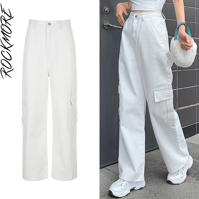 Rockmore Brown Vintage Baggy Jeans Women 90s Streetwear Pockets Wide Leg Cargo Pants Low Waist Straight Denim Trousers 2021