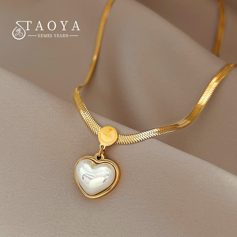 Non Fading Necklace 2022 New Pearl Heart Pendant Stainless Steel Gold Color Necklace Party For Womens Luxury Jewelry Accessories