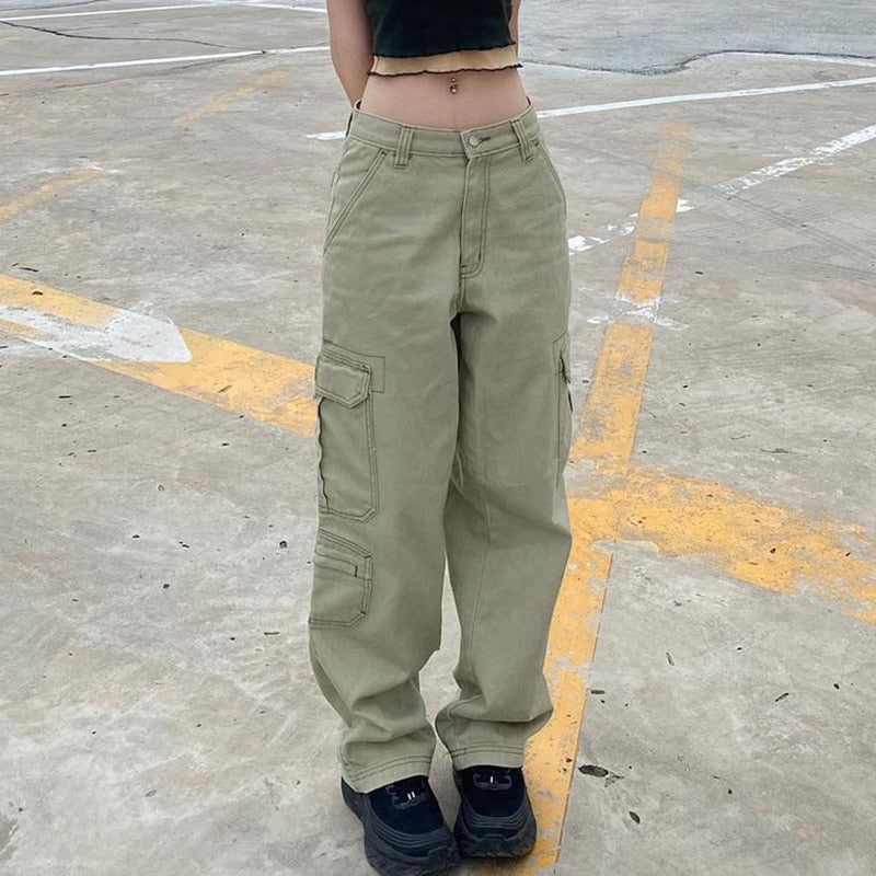 Rockmore Brown Vintage Baggy Jeans Women 90s Streetwear Pockets Wide Leg Cargo Pants Low Waist Straight Denim Trousers 2021
