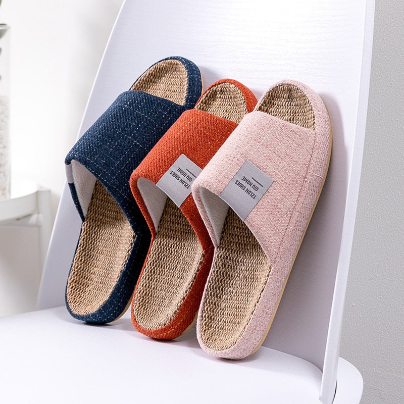 Breathable Flax Slippers Women Men Indoor Mute Slipper Anti-slip Lovers House Floor Shoes Soft  Ladies Summer Home Slides