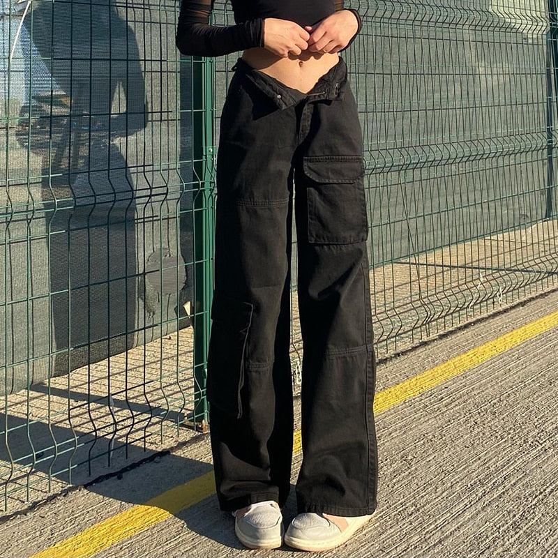 Rockmore Brown Vintage Baggy Jeans Women 90s Streetwear Pockets Wide Leg Cargo Pants Low Waist Straight Denim Trousers 2021