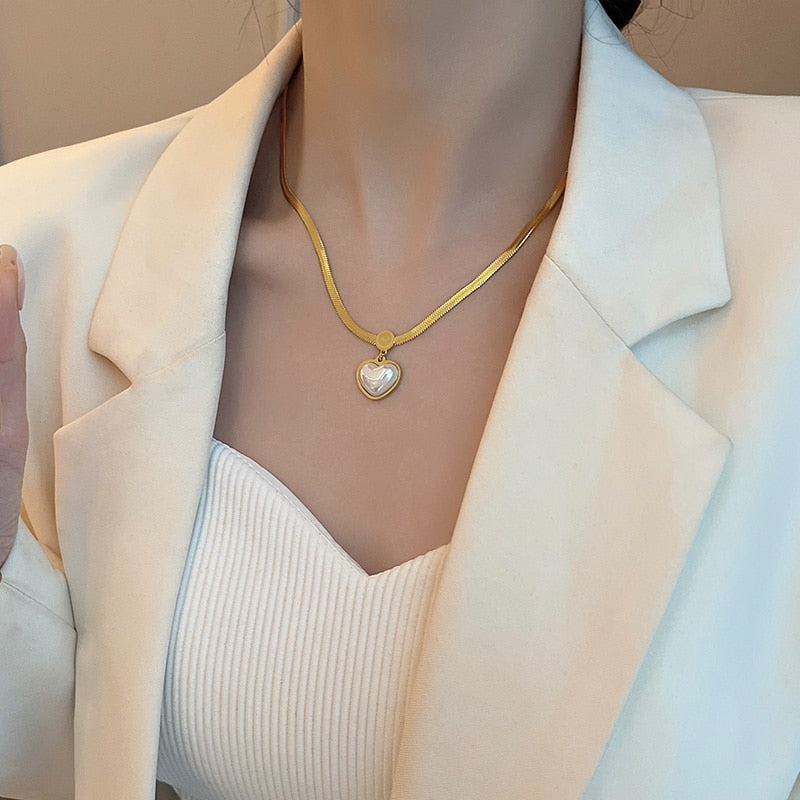 Non Fading Necklace 2022 New Pearl Heart Pendant Stainless Steel Gold Color Necklace Party For Womens Luxury Jewelry Accessories