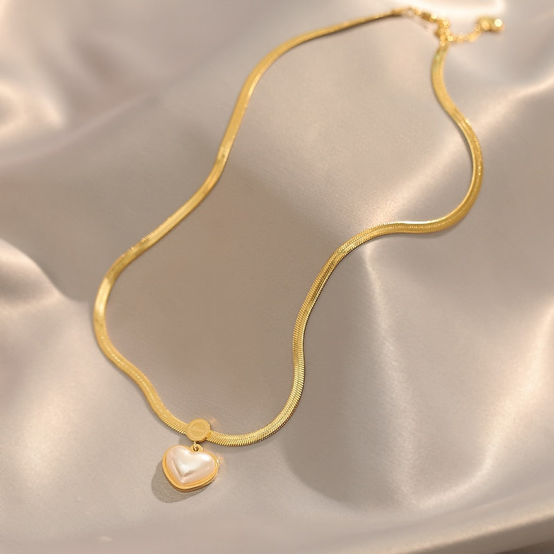 Non Fading Necklace 2022 New Pearl Heart Pendant Stainless Steel Gold Color Necklace Party For Womens Luxury Jewelry Accessories