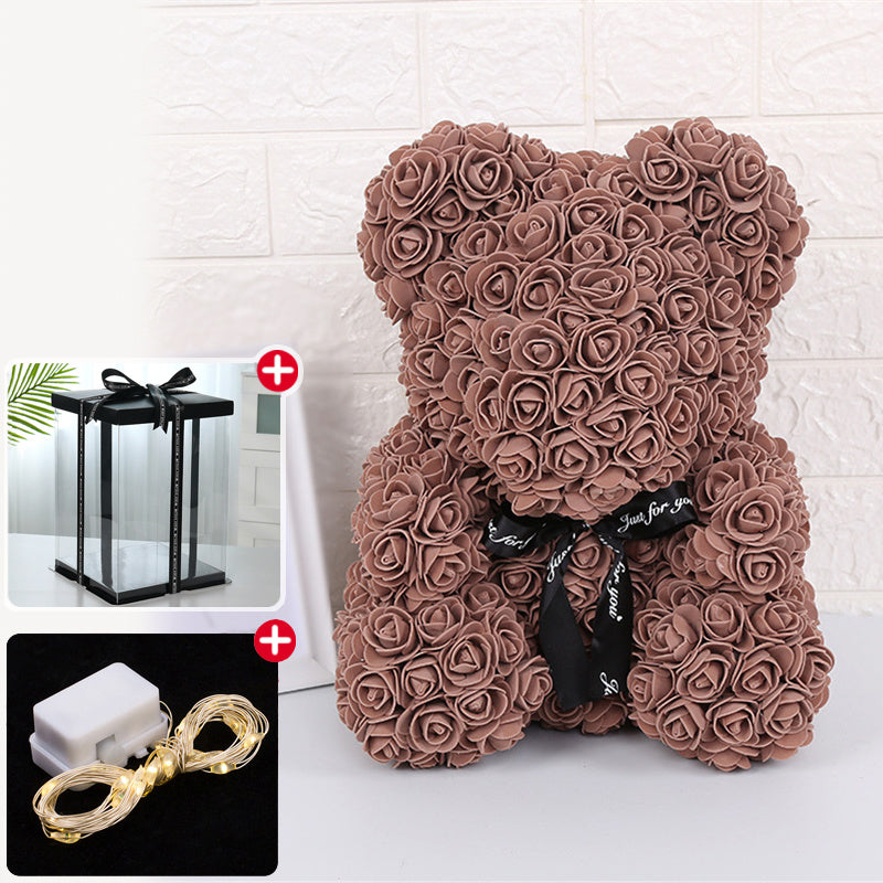 Rose Bear Artificial Flower With Box and Light Rose Teddy Bear Wedding Decor Christmas Women Valentines Girlfriend Birthday Gift