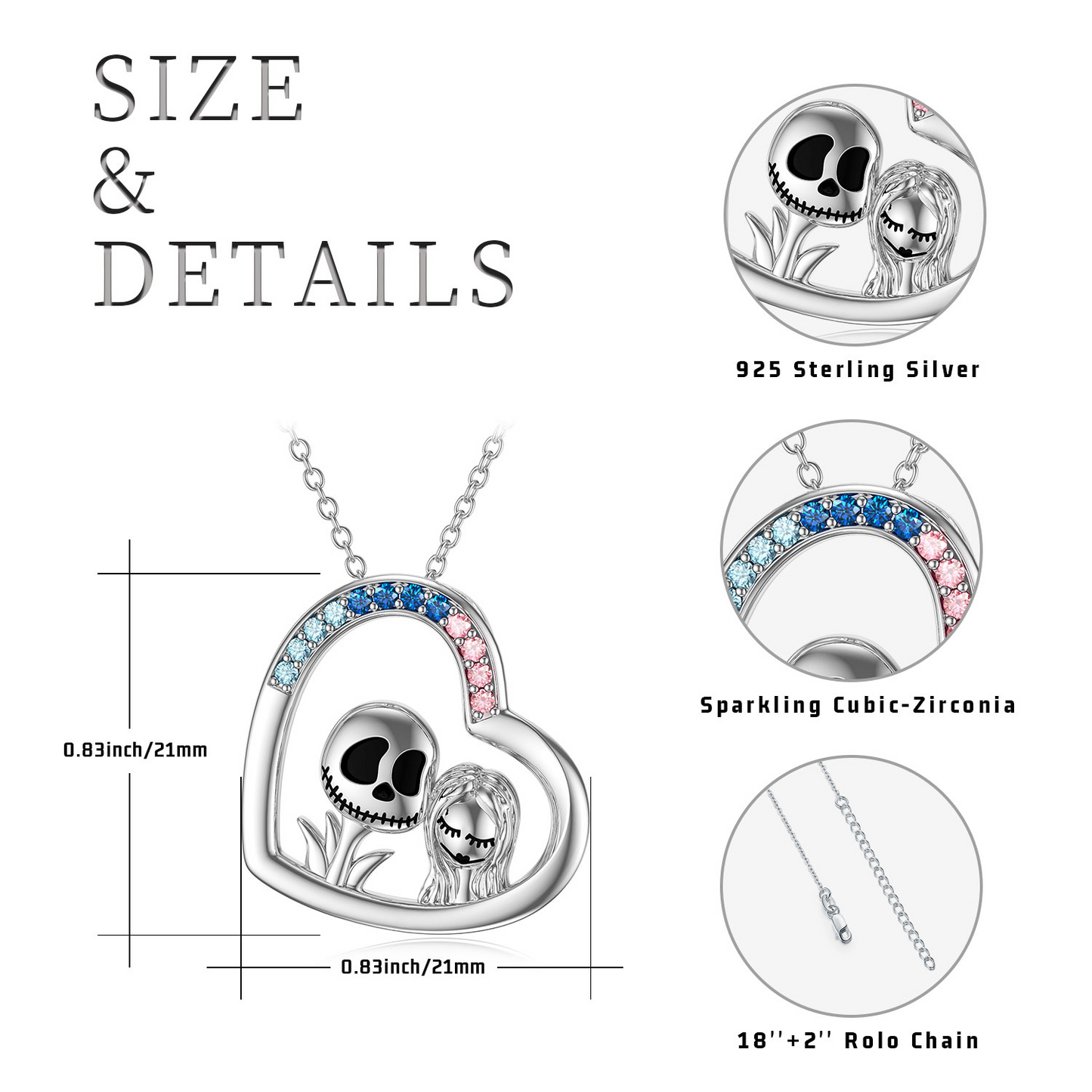 Nightmare Before Christmas Jewelry Gifts 925 Sterling Silver Jack Skellington and Sally Heart Pendant Necklace for Women Girls Halloween