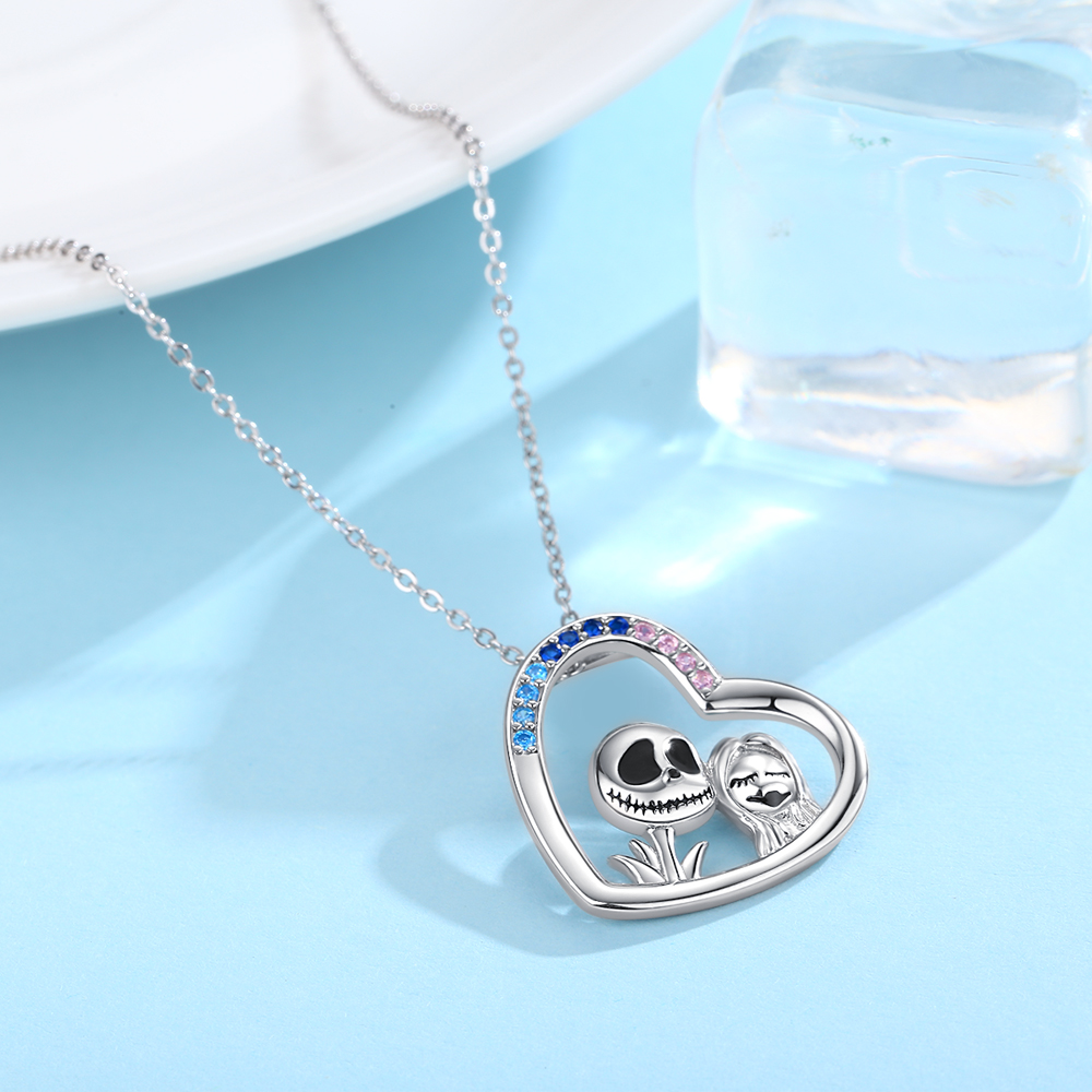 Nightmare Before Christmas Jewelry Gifts 925 Sterling Silver Jack Skellington and Sally Heart Pendant Necklace for Women Girls Halloween